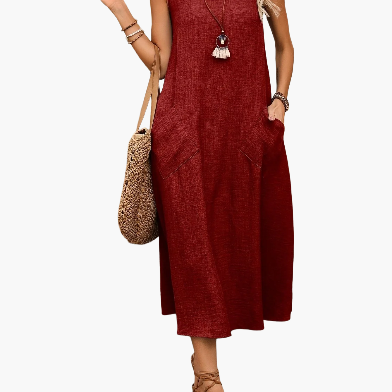 Damen Freizeit Midikleid ärmellos mit Taschen – Sommer Boho Look für Alltag und Urlaub