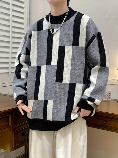Unisex Rollkragenpullover mit geometrischem Muster – Blockmuster Strickpullover
