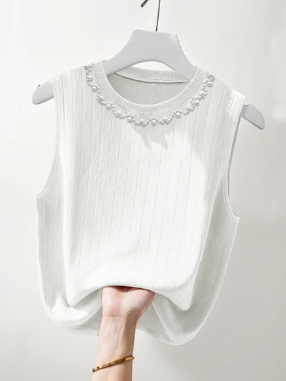 Damen Elegantes Stricktop mit Perlenbesatz – Ärmelloses Oberteil für modische Anlässe