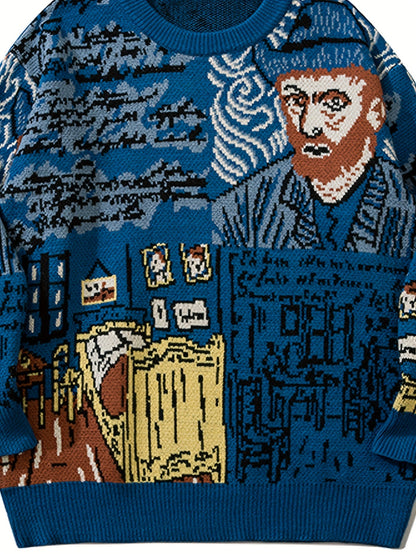 Blauer Strickpullover mit künstlerischem Muster und Rundhalsausschnitt