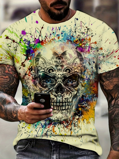 Herren T-Shirt mit Totenkopf und Farbklecks Design – Urban Streetwear, Kurzarm, Plus Size