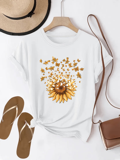 Damen T-Shirt mit Sonnenblume und Schmetterlingen – Casual Sommer Oberteil, Modisches Print-Shirt