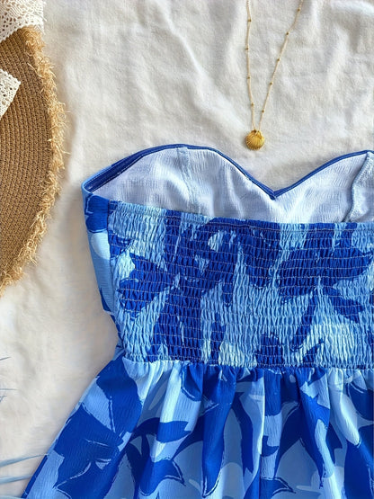 Damen Bandeau Jumpsuit mit Blumenmuster und Schleifendetail – Sommerlicher Einteiler für Urlaub und Freizeit