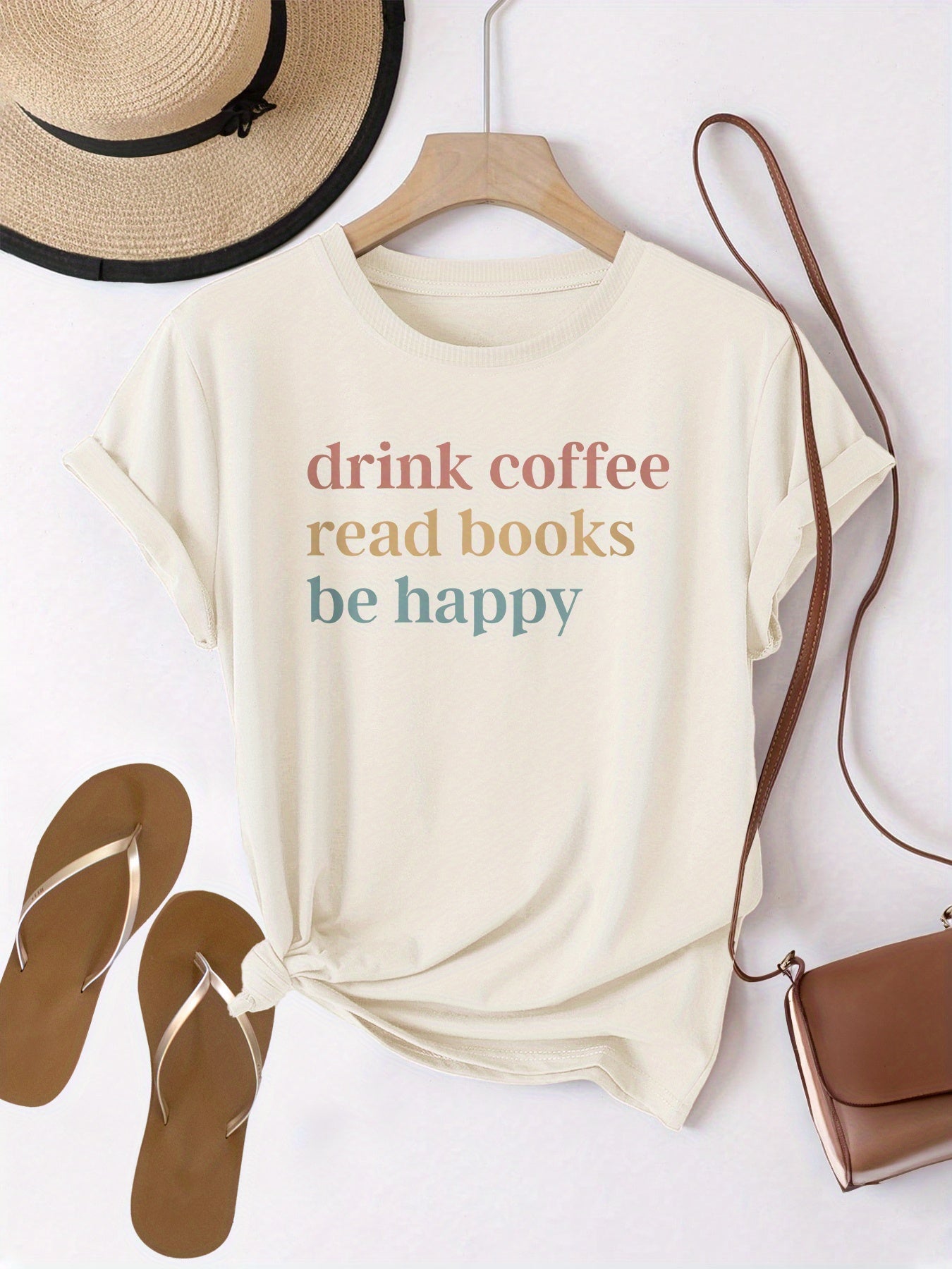 Damen T-Shirt mit Spruch – Drink Coffee, Read Books, Be Happy – Freizeit & Alltag
