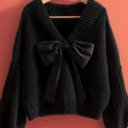 Damen Strickpullover V-Ausschnitt mit großer Schleife, Langarm