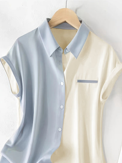Damen Elegante Bluse im Colorblock-Design mit Knopfleiste – Sommermode, Ärmellos, Büro & Freizeit