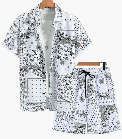 Herren Kurzarm Freizeit Set mit Bandana-Print – Hemd und Shorts, Sommer Outfit, Lässige Mode