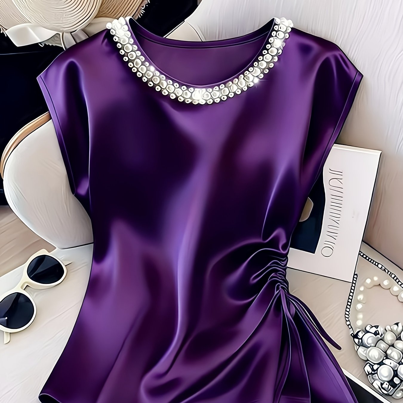 Damen Elegante Bluse mit Perlenkragen und Raffungsdetail – Stilvolles Kurzarm-Oberteil für festliche Anlässe oder Büro