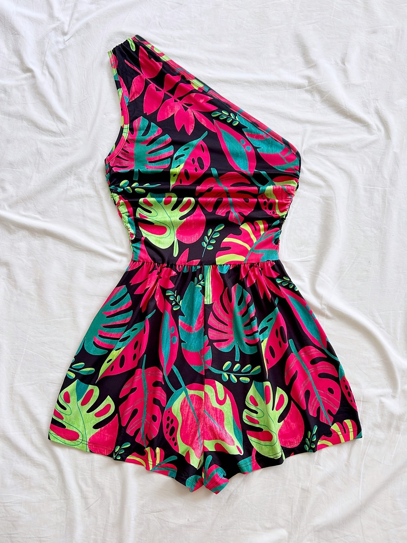 Damen Ein-Schulter-Jumpsuit mit tropischem Print – Modischer Sommer-Overall für Freizeit und Urlaub