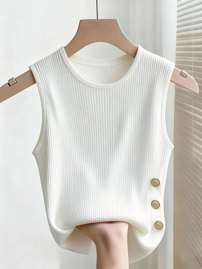 Damen Tanktop mit Rippenstruktur und Zierknöpfen – Stilvolles Basic für Alltag und Freizeit