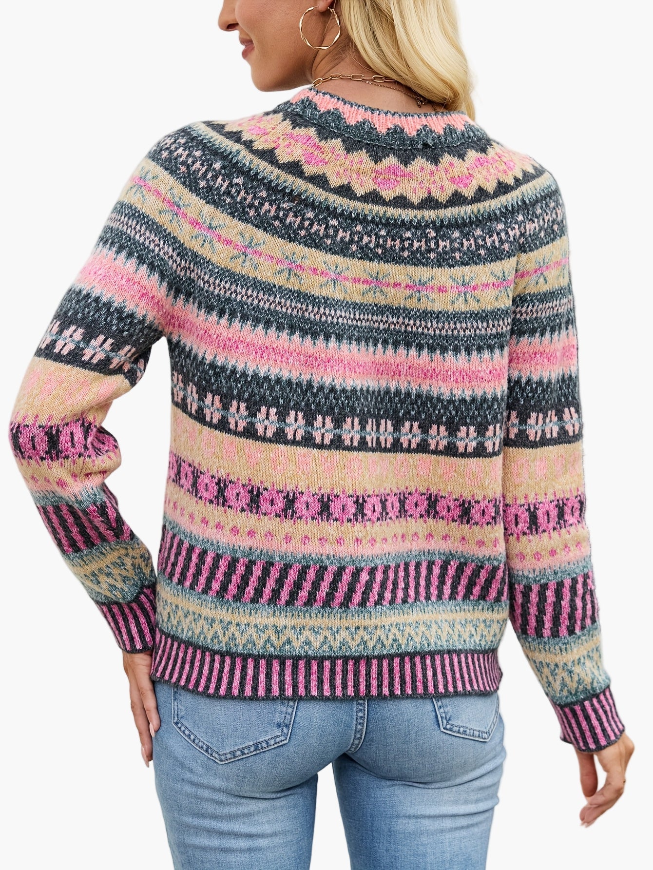Damen Pullover Eleganter Strick Fair Isle Muster Herbst Winter Freizeit