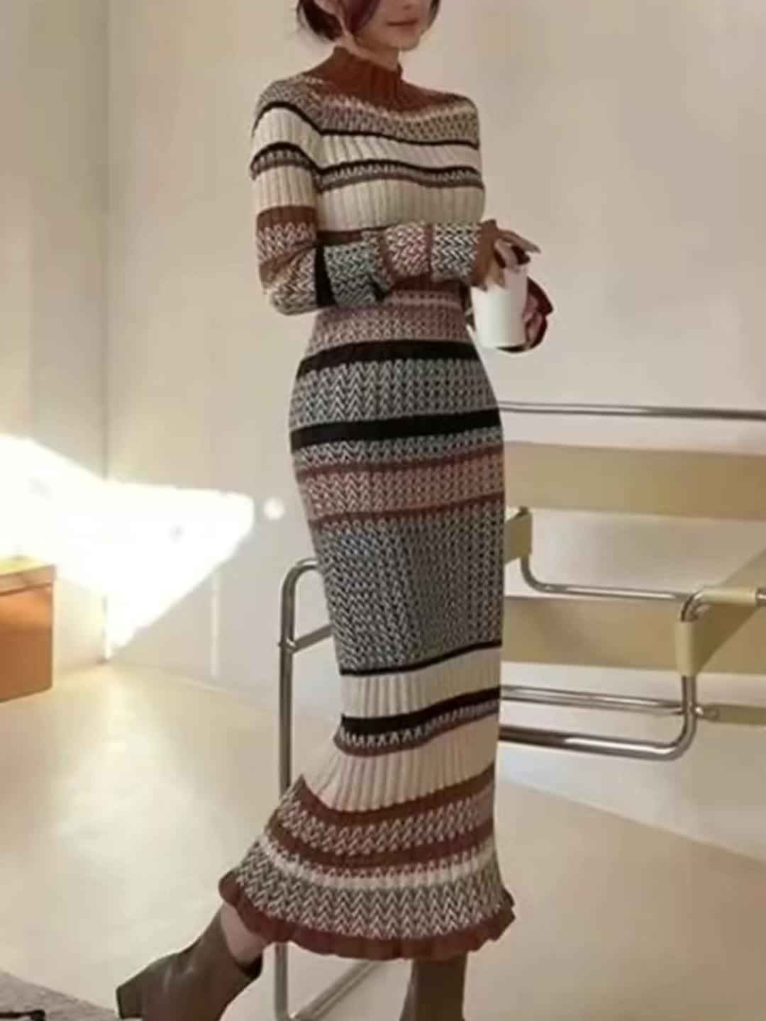 Damen Maxikleid Strickkleid Gemustert Braun Beige Rollkragen Langarm