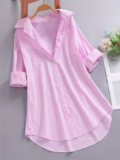 Damen Business Freizeithemd mit Streifenmuster – Elegantes Oversize Blusenshirt für Büro & Alltag