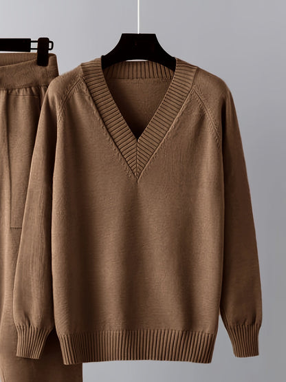 Damen Loungewear Set Strickpullover V-Ausschnitt und Strickhose Jogger mit Tunnelzug