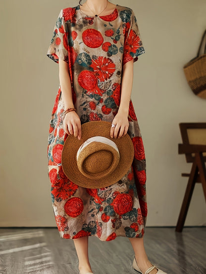 Damen Freizeitkleid mit geometrischem und botanischem Muster, lockerer Oversize-Stil, ideal für Alltag und Freizeit