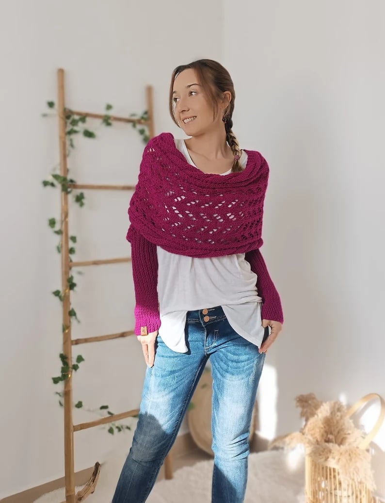 Gestrickter Bolero Damen Wickelpullover mit Ärmeln und Lochmuster