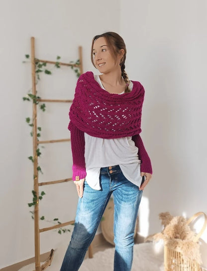 Gestrickter Bolero Damen Wickelpullover mit Ärmeln und Lochmuster