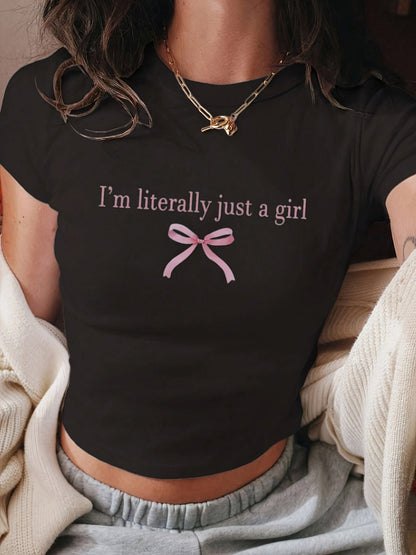 Damen Crop Top T-Shirt mit Spruch und Schleifen-Print – Trendiges Statement Shirt für Freizeit & Alltag