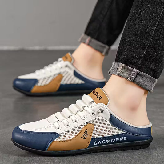 Herren Halbschuh-Sandalen mit Netzstoff-Details in Weiß-Blau-Braun
