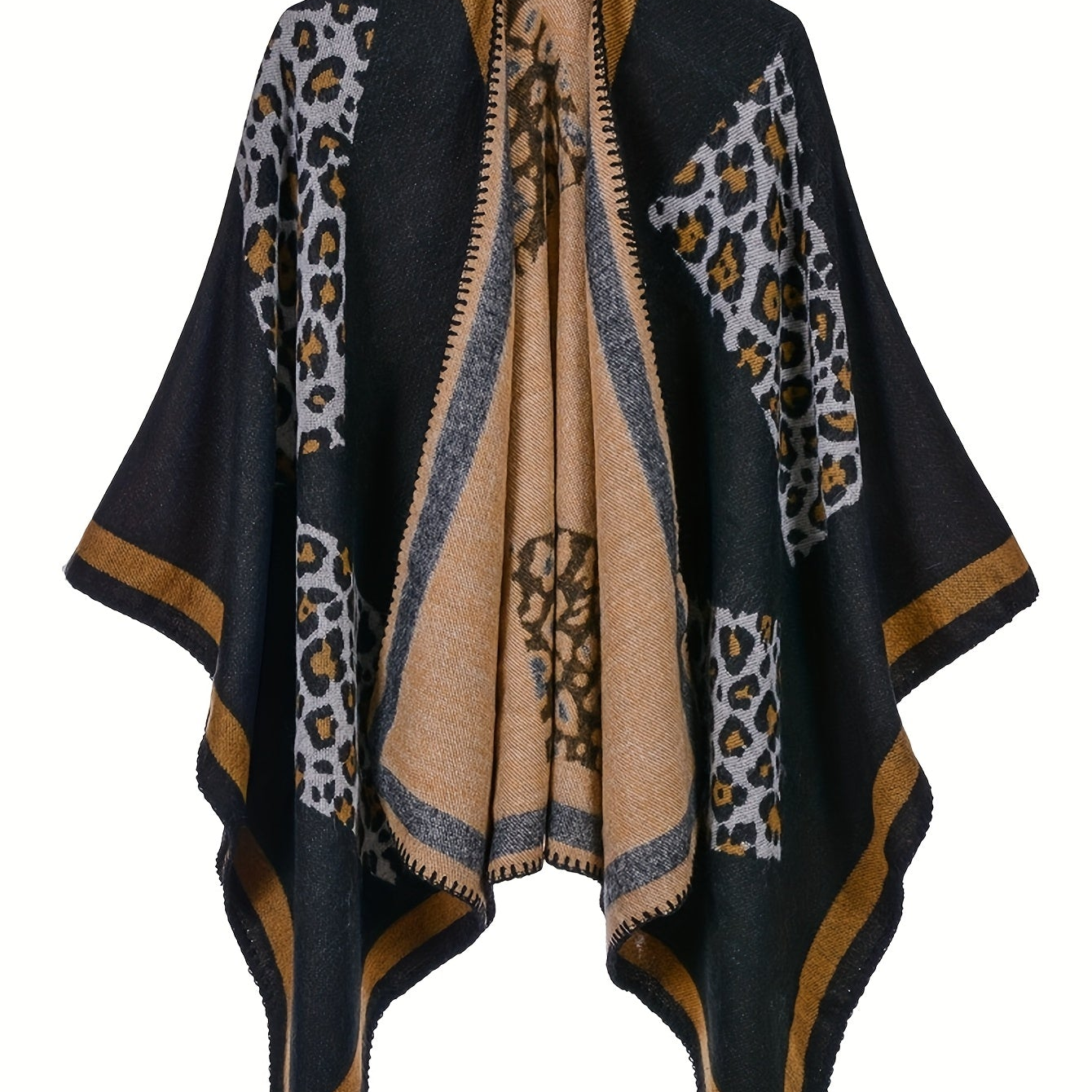 Damen Poncho Cape mit offenem Schnitt und geometrischem Muster – Boho Stil für Freizeit und Alltag
