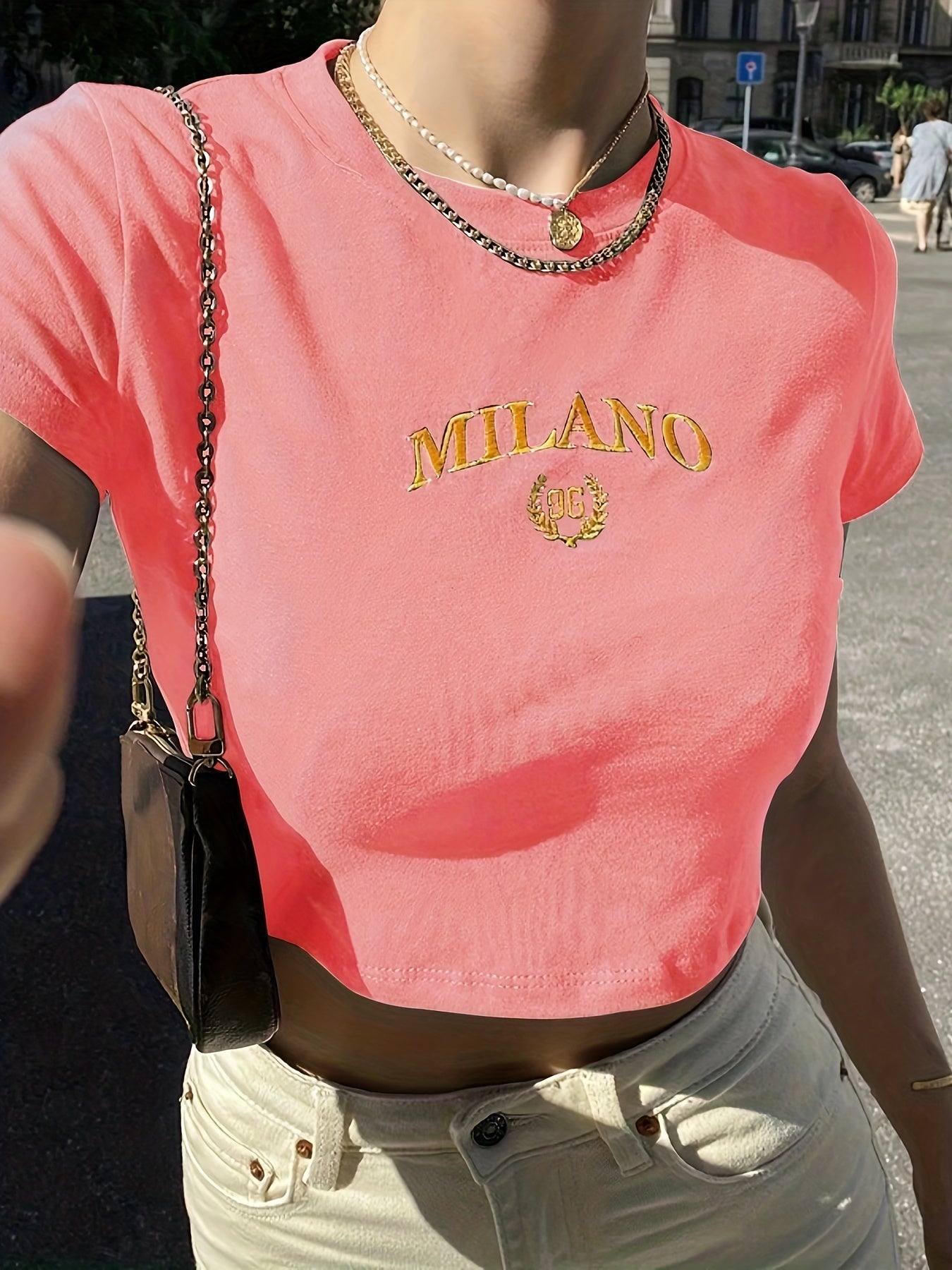 Damen Crop T-Shirt Milano Stickerei Y2K Streetwear