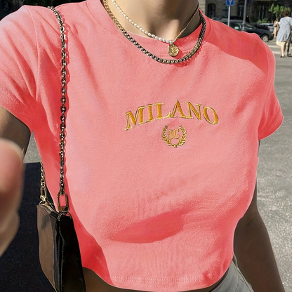 Damen Crop T-Shirt Milano Stickerei Y2K Streetwear