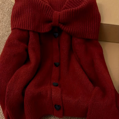 Damen Strickpullover Carmen-Ausschnitt mit Schleife und Herzknöpfen