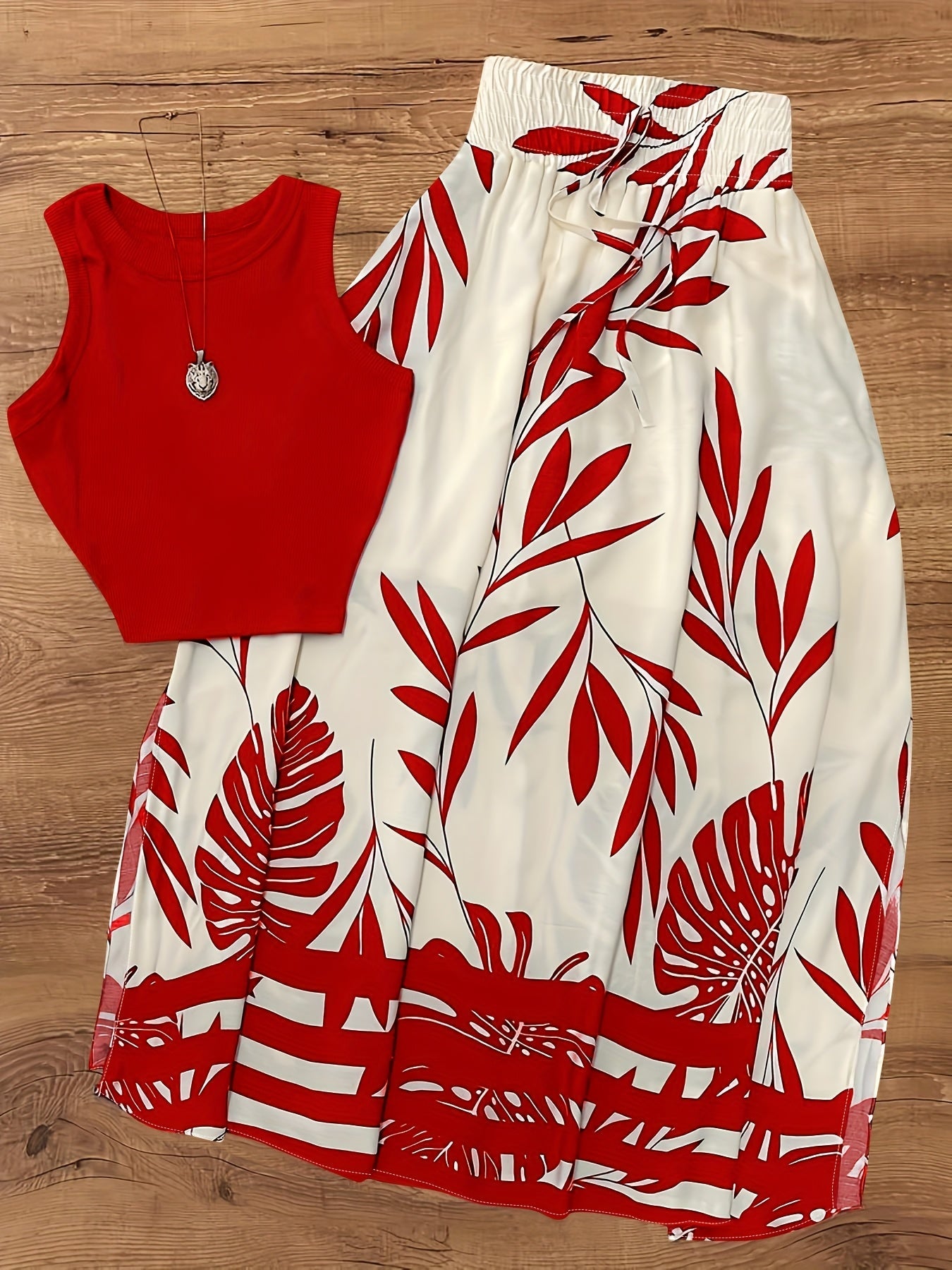Damen Sommer-Outfit Set – Ärmelloses Top und Maxirock im tropischen Design, ideal für Urlaub und Freizeit