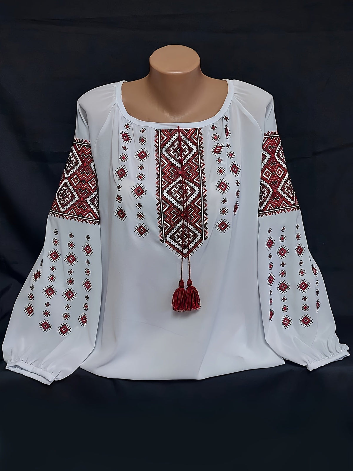 Damen Bluse mit Stickerei Weiß Rote Ethno-Muster Lange Ärmel