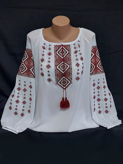 Damen Bluse mit Stickerei Weiß Rote Ethno-Muster Lange Ärmel