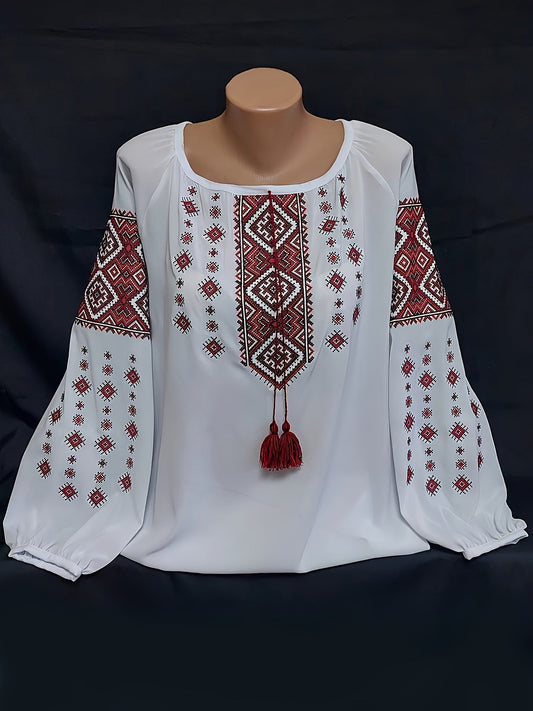 Damen Bluse mit Stickerei Weiß Rote Ethno-Muster Lange Ärmel