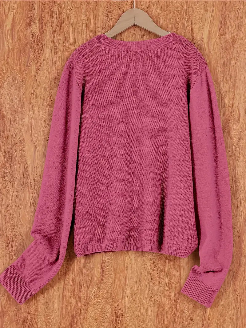 Damen Strick Cardigan Rundhals Langarm Strickjacke mit Knöpfen und Brusttasche