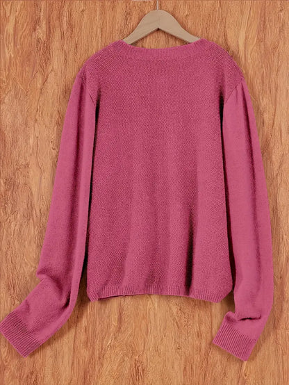 Damen Strick Cardigan Rundhals Langarm Strickjacke mit Knöpfen und Brusttasche