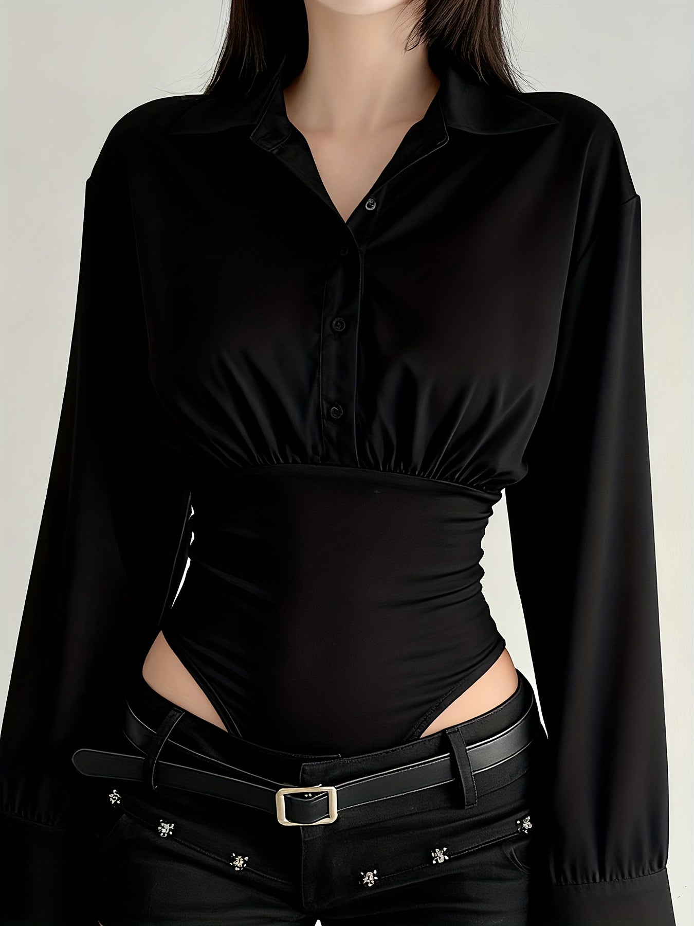 Damen Body Bluse Langarm Hemdblusen-Stil mit geraffter Taille