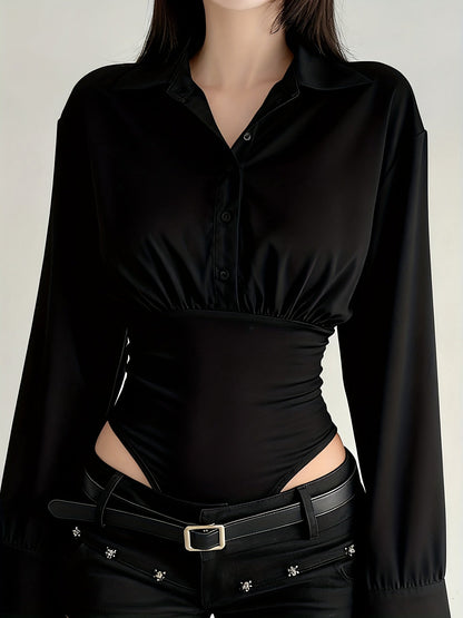 Damen Body Bluse Langarm Hemdblusen-Stil mit geraffter Taille