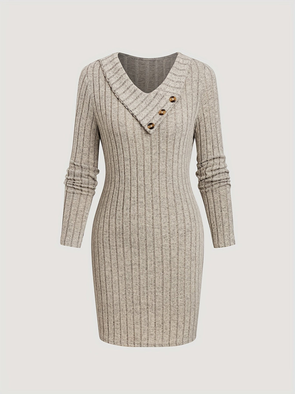 Damen Rippstrick Etuikleid mit V-Ausschnitt und Knöpfen Beige