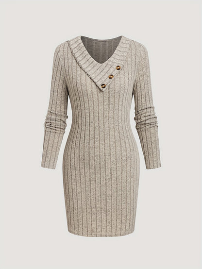 Damen Rippstrick Etuikleid mit V-Ausschnitt und Knöpfen Beige
