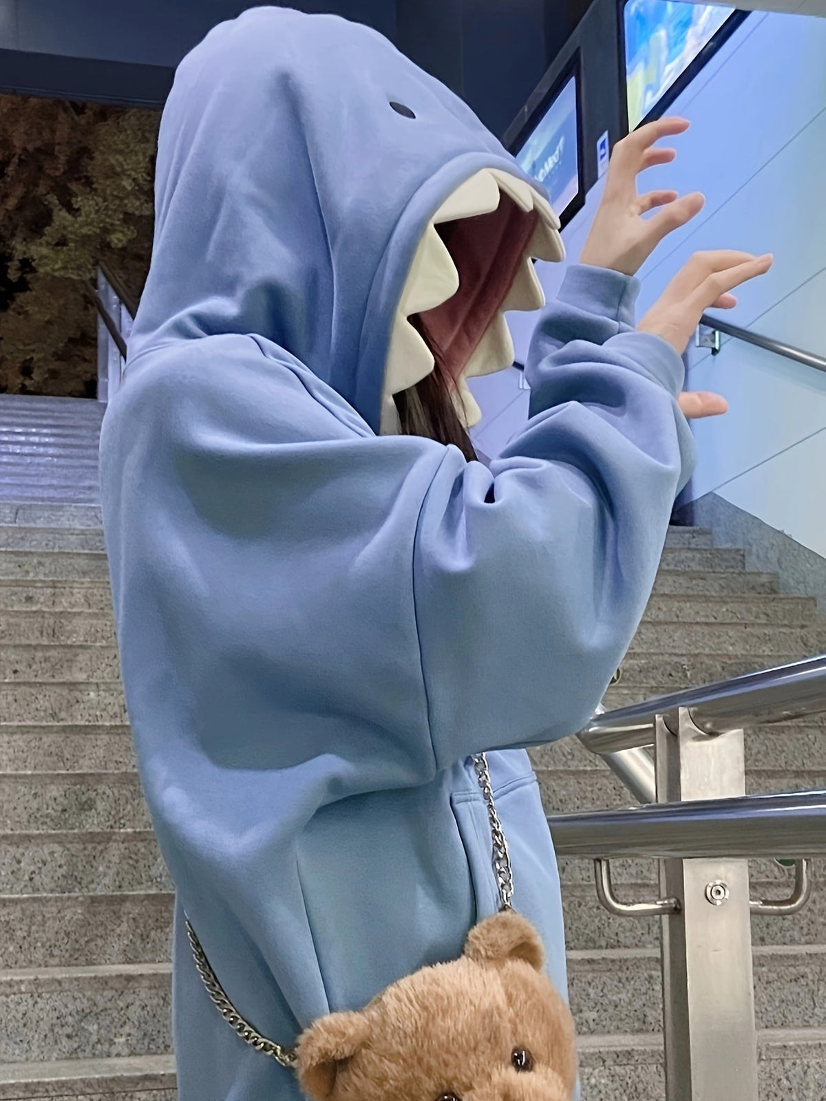 Unisex Kapuzenpullover mit Hai-Design, lässiger Hoodie mit Kordelzug, Blau
