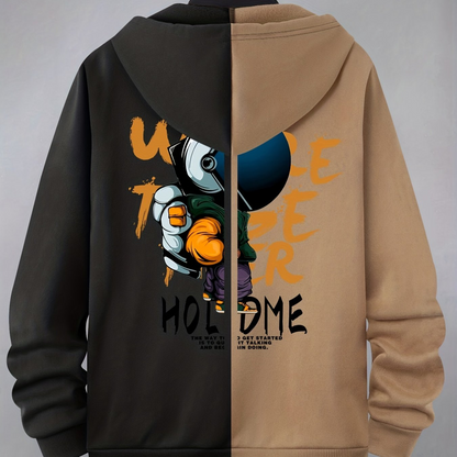 Hoodie mit Reißverschluss, zweifarbig, Kapuze, Kängurutaschen, Motiv