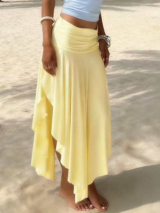 Damen Maxirock Strandstil mit Wickeloptik und Rüschen – Eleganter Boho-Look für Urlaub und Freizeit