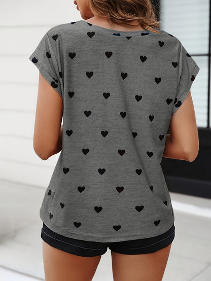 Damen Herzmuster V-Ausschnitt T-Shirt – Modisches Freizeitshirt für Alltag und Sommer