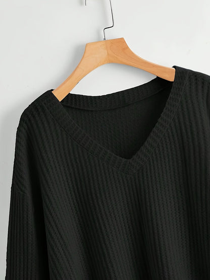 Damen Crop Pullover V-Ausschnitt Langarm Waffelstruktur Schwarz
