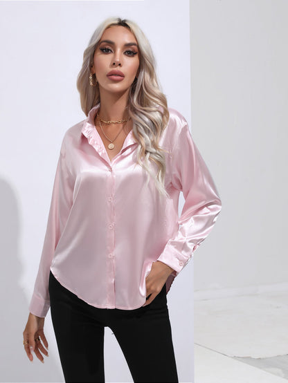 Damen Elegante Glanz-Bluse mit Knopfleiste – Klassische Langarm-Hemdbluse für Büro & Abend