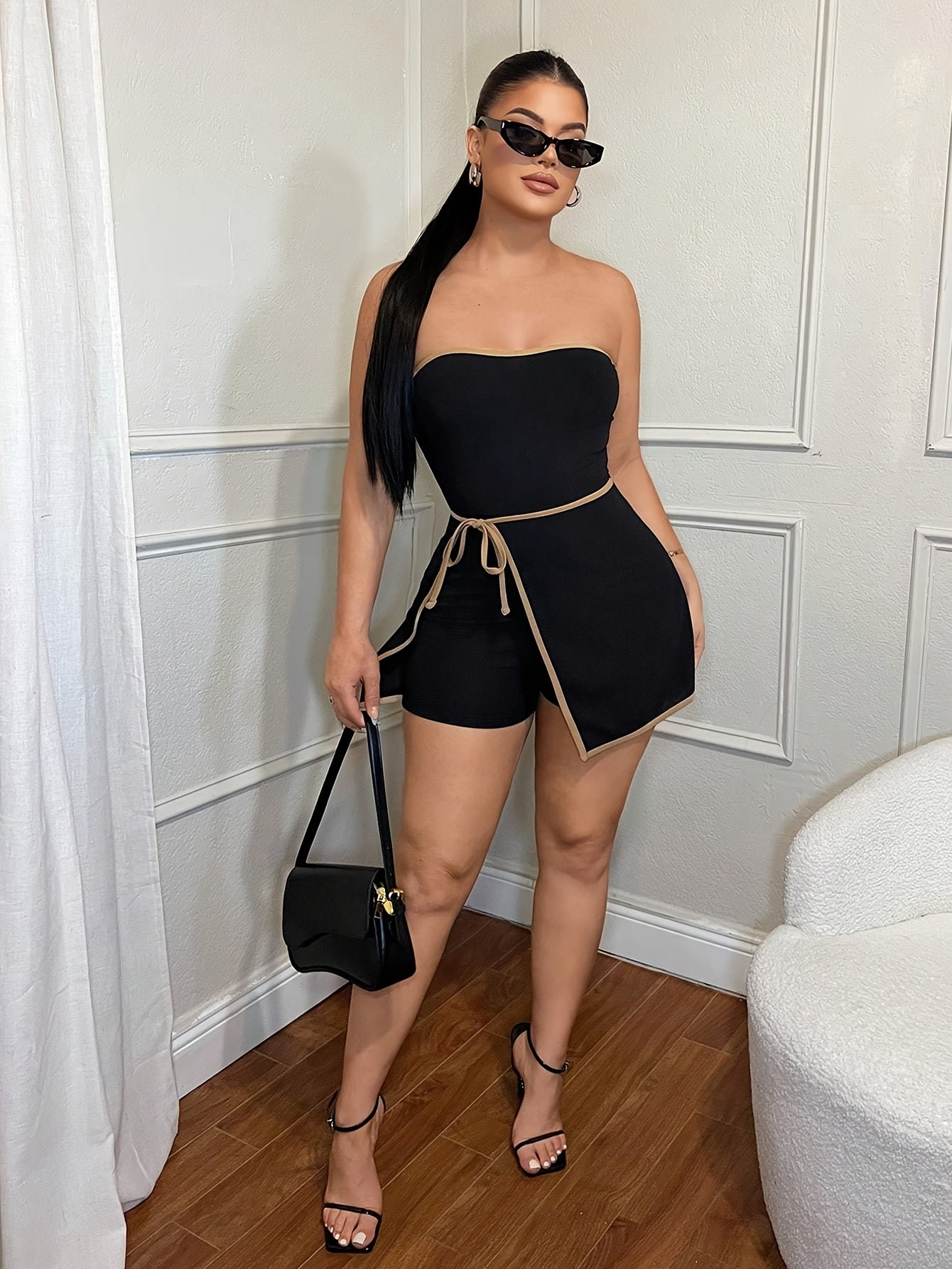 Damen Einteiler Bandeau Peplum Jumpsuit Elegant für Alltag und Ausgehen