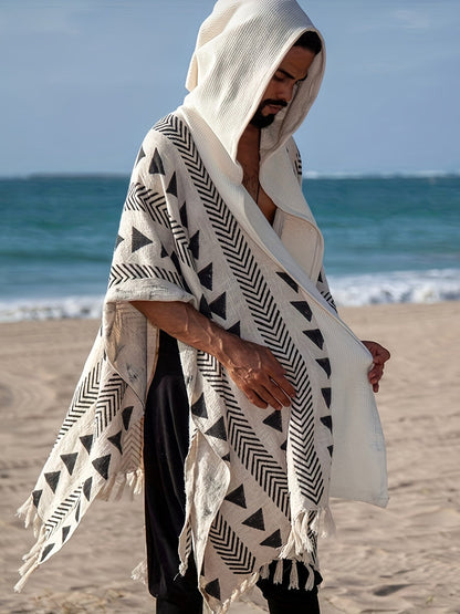 Herren Boho Poncho mit Kapuze – Geometrisches Muster, Überwurf für Strand und Festival
