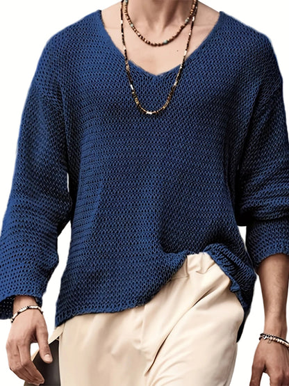 Herren Strickpullover V-Ausschnitt Lockerer Mesh-Look Freizeitpullover für Alltag und Urlaub