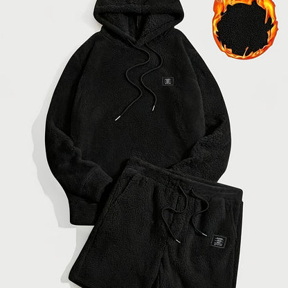 Unisex Teddy-Fleece Hoodie & Shorts Set mit Kapuze und Kordelzug