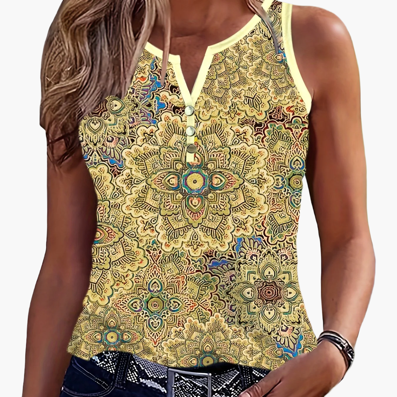 Damen Sommer Tanktop mit Ethno-Muster und Knopfleiste – Lässiges Freizeitshirt