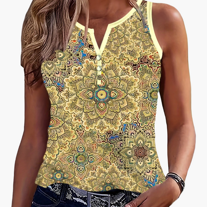Damen Sommer Tanktop mit Ethno-Muster und Knopfleiste – Lässiges Freizeitshirt