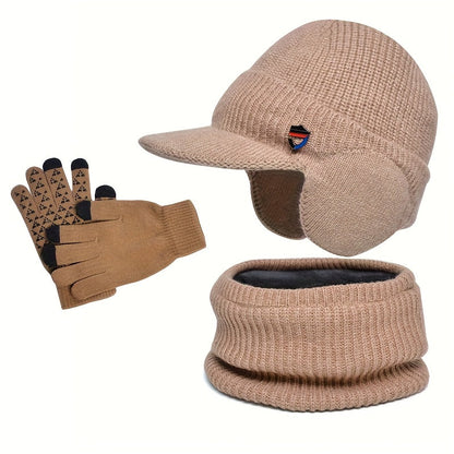 Unisex Winter Set Strickmütze mit Visier und Ohrenklappen, Rundschal und Handschuhe